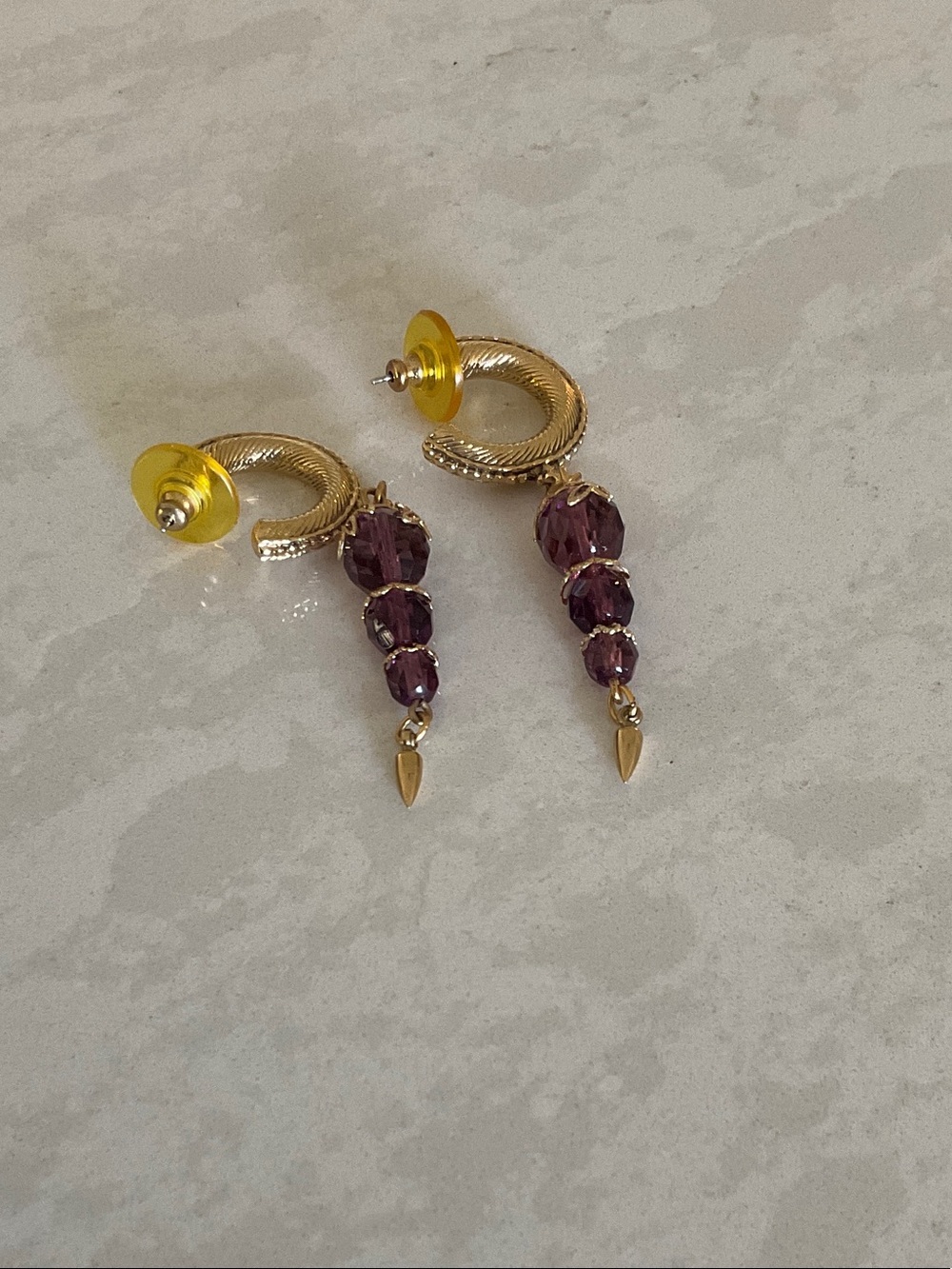 Gold Hoop Drop Earrings with Amethyst - colored Beads